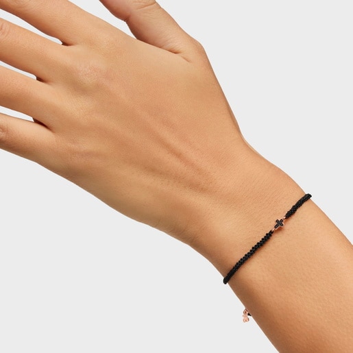 Motif cross Bracelet in Rose Silver Vermeil with Spinels and black Cord