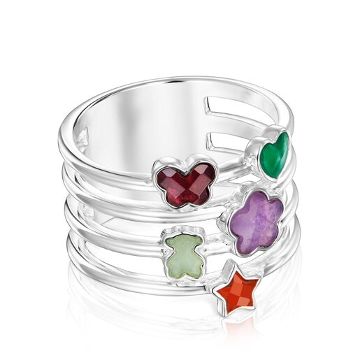 Wide Silver Bold Motif Ring with gemstones and motifs | TOUS