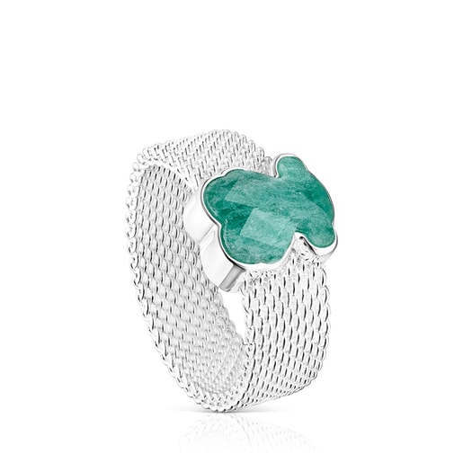 Silver TOUS Mesh Color Ring with faceted Amazonite Bear motif