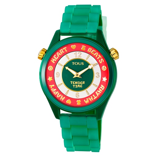 Stalowy zegarek TOUS Tender Time z zielonym silikonowym paskiem i zieloną tarczą