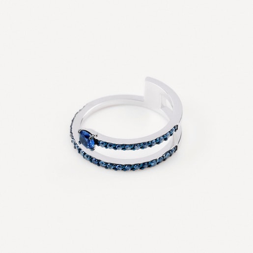 Anell doble dor blanc amb safir blau talla brillant TOUS ATELIER