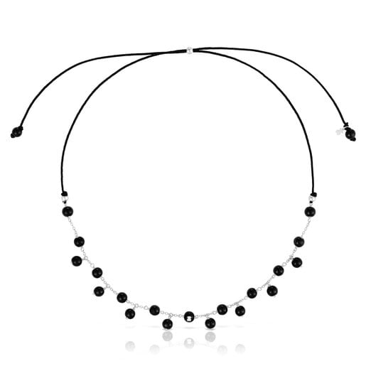 Schwarze Nylon-Halskette Icon Glass aus Silber und Onyx