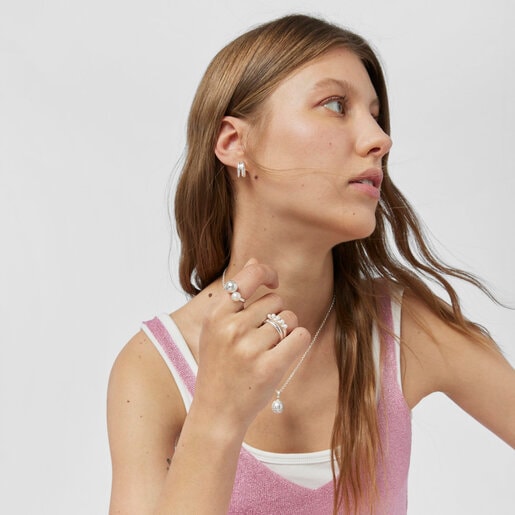 טבעת כדור דובון פתוחה TOUS Beach Disco מכסף עם פנינה מתורבתת