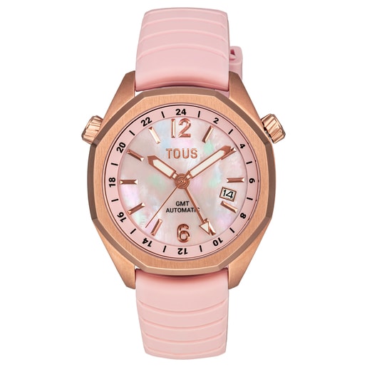 Zegarek gmt automatyczny z różowym silikonowym paskiem, kopertą z różowej stali IPRG i tarczą z masy perłowej TOUS Now