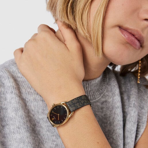 Стальные часы Dai c ионным напылением золотистого цвета с черным кожаным ремешком Kaos