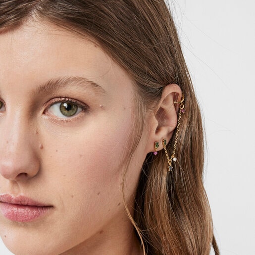 Earcuff con baño de oro 18 kt sobre plata, cromodiópsido, zafiro, rubí tratado y perla cultivada TOUS New Motif