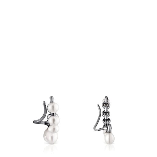 Dark silver Virtual Garden Bar earrings with cultured pearls | TOUS