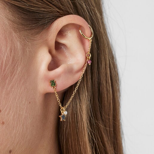 Earcuff con baño de oro 18 kt sobre plata, cromodiópsido, zafiro, rubí tratado y perla cultivada TOUS New Motif