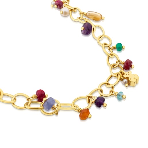 Collar Elise con baño de oro 18 kt sobre plata, gemas y cordón marrón