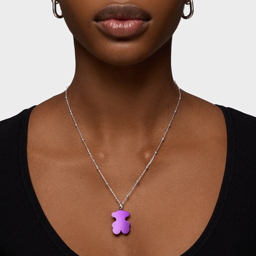 Pack gargantilla de plata y colgante oso de acero en color lila 22 mm Sweet Dolls