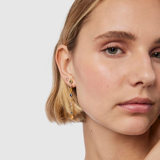 Long Silver Vermeil Glaring Earrings with multicolored Sapphires