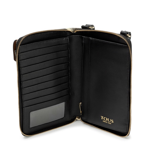 Pochette de téléphone portable à bandoulière avec portefeuille Kaos Icon noire et beige
