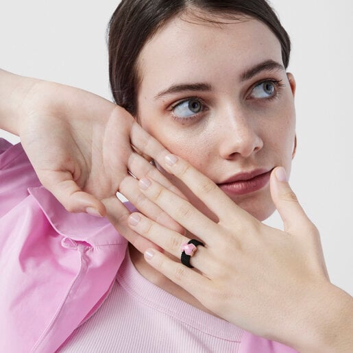 Black IP Steel Mesh Color Ring with Rhodonite Bear motif