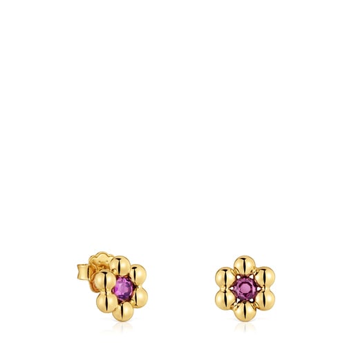 Short flower Earrings with 18kt gold plating over silver and rhodolite Sugar Party