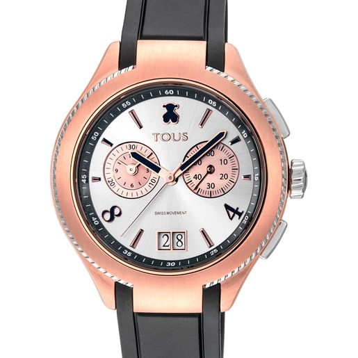 Montre ST bicolore en acier/IP rosé avec bracelet en caoutchouc noir