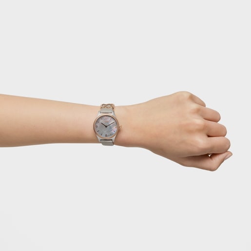 Analog watch with gray leather bracelet, rose-colored steel and mother-of-pearl face Epic Icon