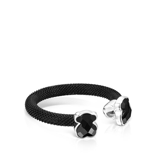 Black IP Steel Mesh Color open Ring with Onyx | TOUS