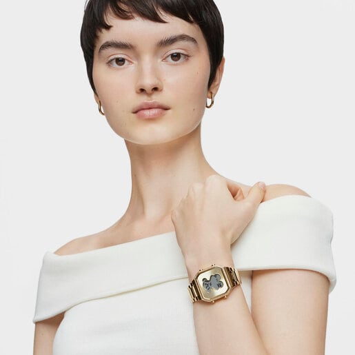 Ψηφιακό ρολόι D-BEAR με μπρασελέ από ατσάλι IPG σε χρυσαφί χρώμα με ζιργκόν