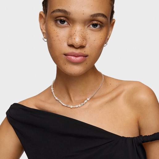 שרשרת Mini Icons עשויה כסף ופנינים מתורבתות בשילוב שלושה צ'ארמס