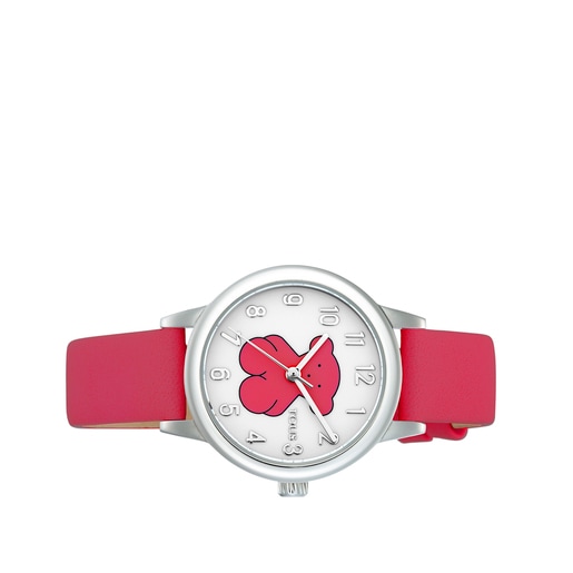 Reloj analógico New Muffin de acero con correa de piel fucsia