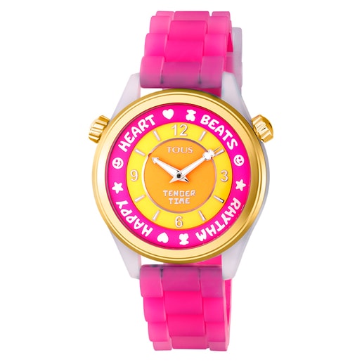 Uhr TOUS Tender Time aus Stahl mit pinkfarbenem Silikon-Armband und gelbem Ziffernblatt