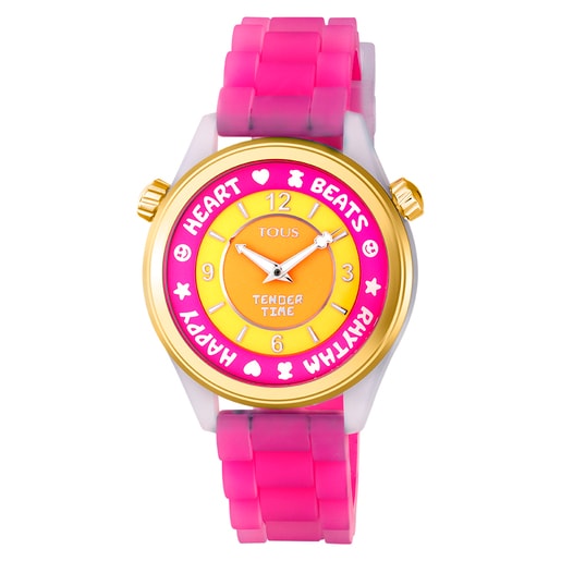 Steel TOUS Tender Time Watch with pink silicone strap and yellow dial | TOUS