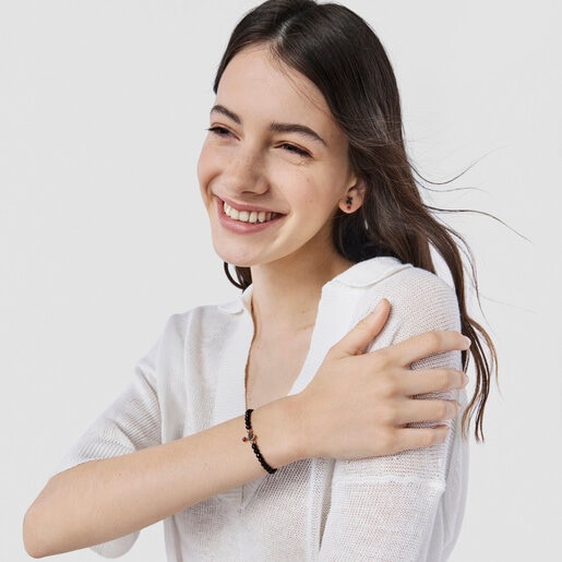 צמיד ורמייל ורוד בשילוב חרוזי אוניקס ולב משובץ ספינלים