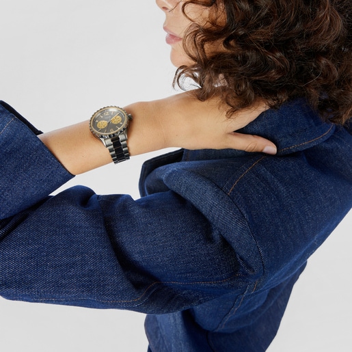 Reloj analógico multifunción con brazalete de acero IP gris y acero IP dorado T-Bear