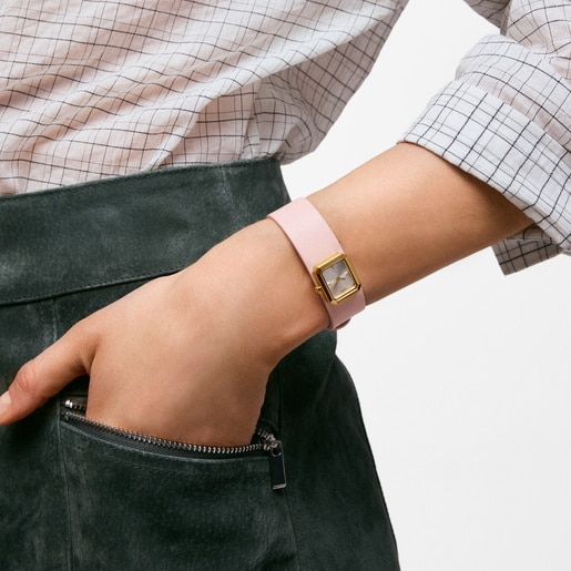 Analog Watch with rose-colored leather and gold-colored steel bracelet TOUS KARAT EMERALD MINI