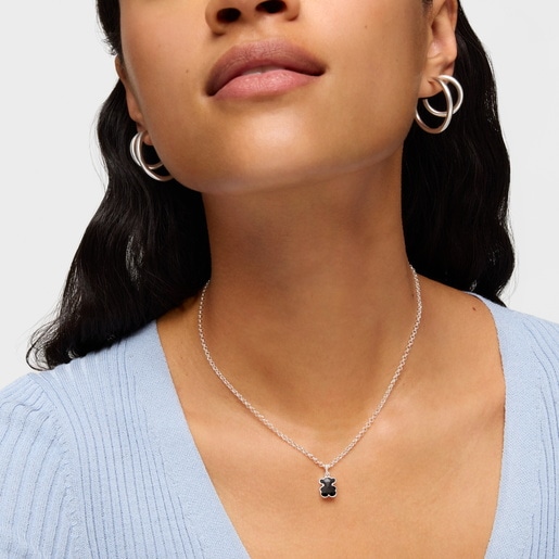 Collar corto de plata y motivo oso en ónix Icon Color