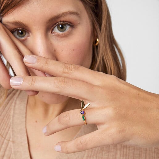 טבעת עלים Fragile Nature עשויה ורמיל כסף עם אבני חן