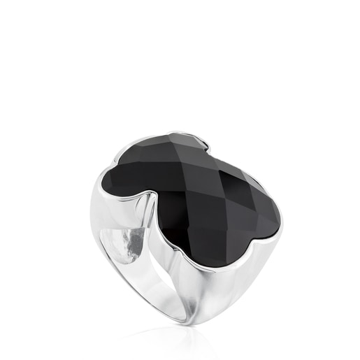 Silver TOUS Color Ring with faceted onyx Bear motif