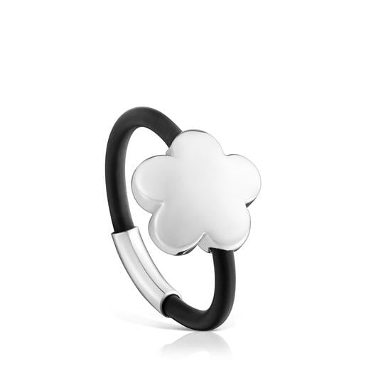 Anillo flor de plata y caucho Bold Motif