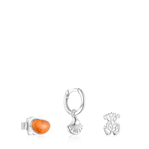 Set of Oceaan bear-shell Earrings with orange glass
