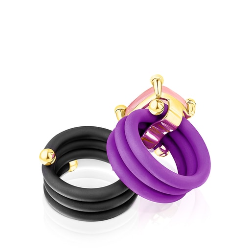 Bague triple TOUS Beach Caucho avec des pierres précieuses de couleur rose