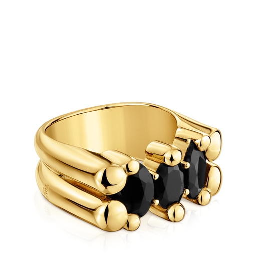 Medium 18kt gold plating over silver and onyx Bear motif Ring Color