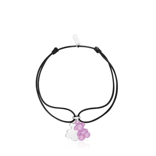 Pulsera doble oso de plata con cerámica lila y nylon negro Bold Bear