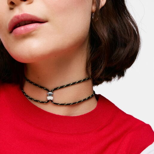 Long silver and black nylon bear Necklace TOUS Bold Motif