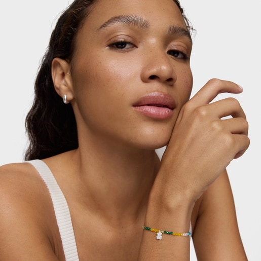 ブルーのジェムストーンとシルバーのベアのモチーフが付いた伸縮性ブレスレット TOUS Motif