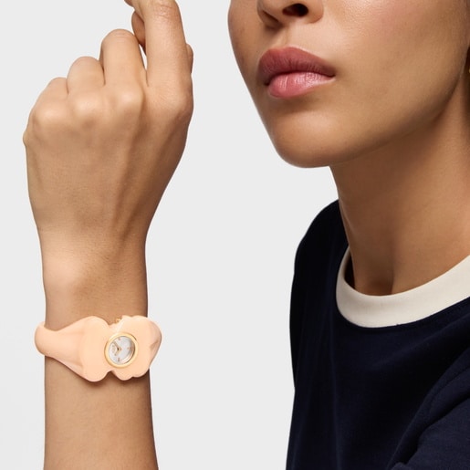 ساعة تناظرية ذهبية اللون من الصُلب ذات سوار باللون الوردي من تشكيلة L Bear Folks