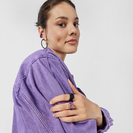 Bague triple TOUS Beach Caucho avec des pierres précieuses de couleur rose