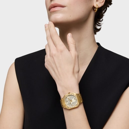 Analog watch with gold-colored embossed steel bracelet Lit