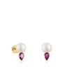 Gold Earrings with rhodolites and cultured pearl Ivette