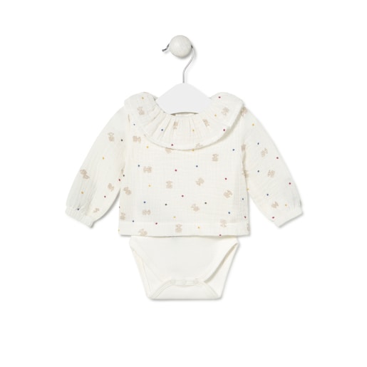 Baby bodysuit with smock in Cosmic ecru