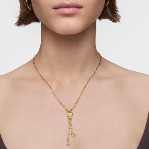 Short 18kt gold plating over silver Necklace with double pendant detail and ring Hold Oval