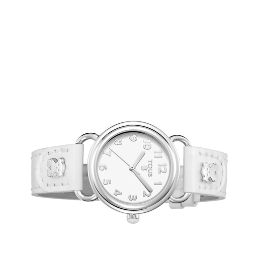 Reloj analógico Baby Bear de acero con correa de piel blanca