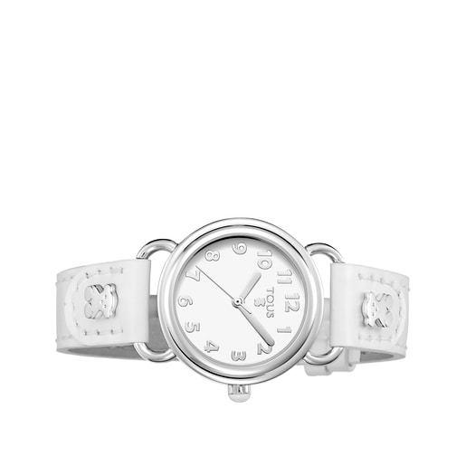 Steel Baby Bear Watch with white Leather strap