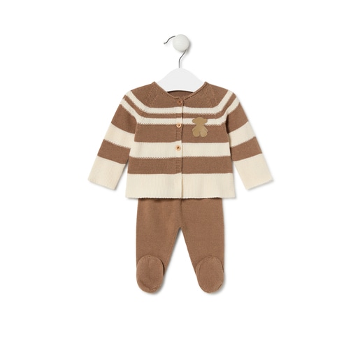 Knitted baby set in Tricot stripy beige