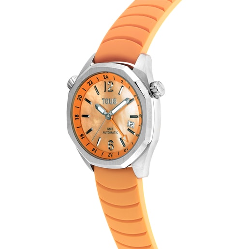 GMT-Automatik TOUS Now mit Armband aus lachsfarbenem Silikon, einem Stahlgehäuse und einem Zifferblatt aus Perlmutt