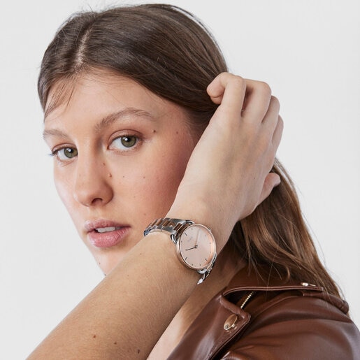 Reloj analógico Let Brazalete bicolor de acero con esfera rosa